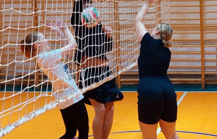 Uczniowie grający w siatkę na hali sportowej